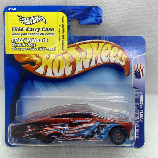 Hot Wheels blister-pack toy car with red/black flame graphics and blue star stripe decal