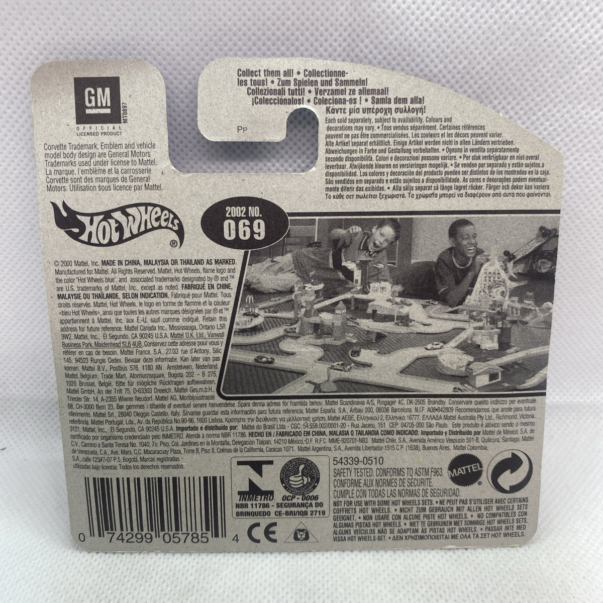 Hot Wheels 2002 Corvette #069 card back with GM and model info text