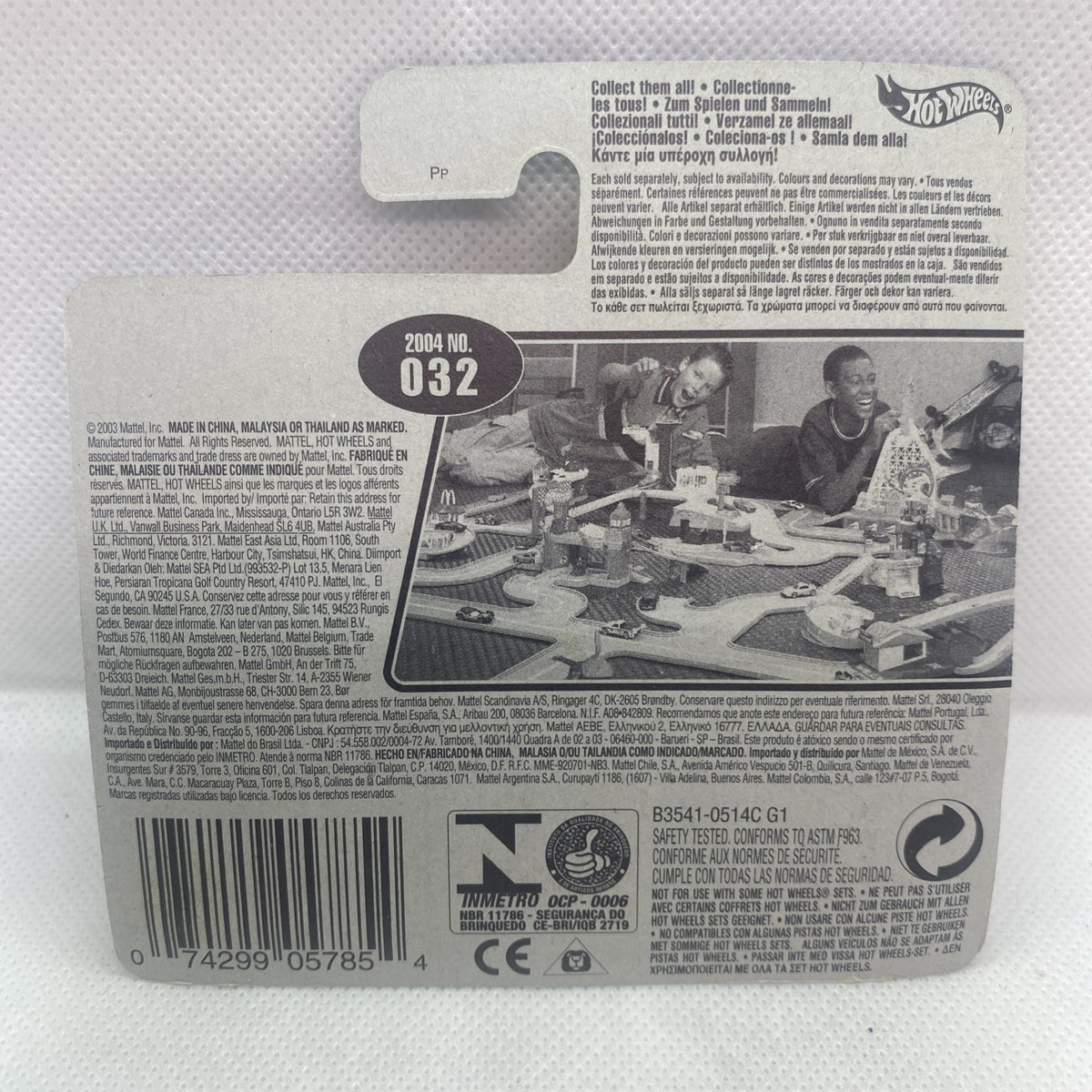 Back of collectible car blister card with 2004 model number 032 text