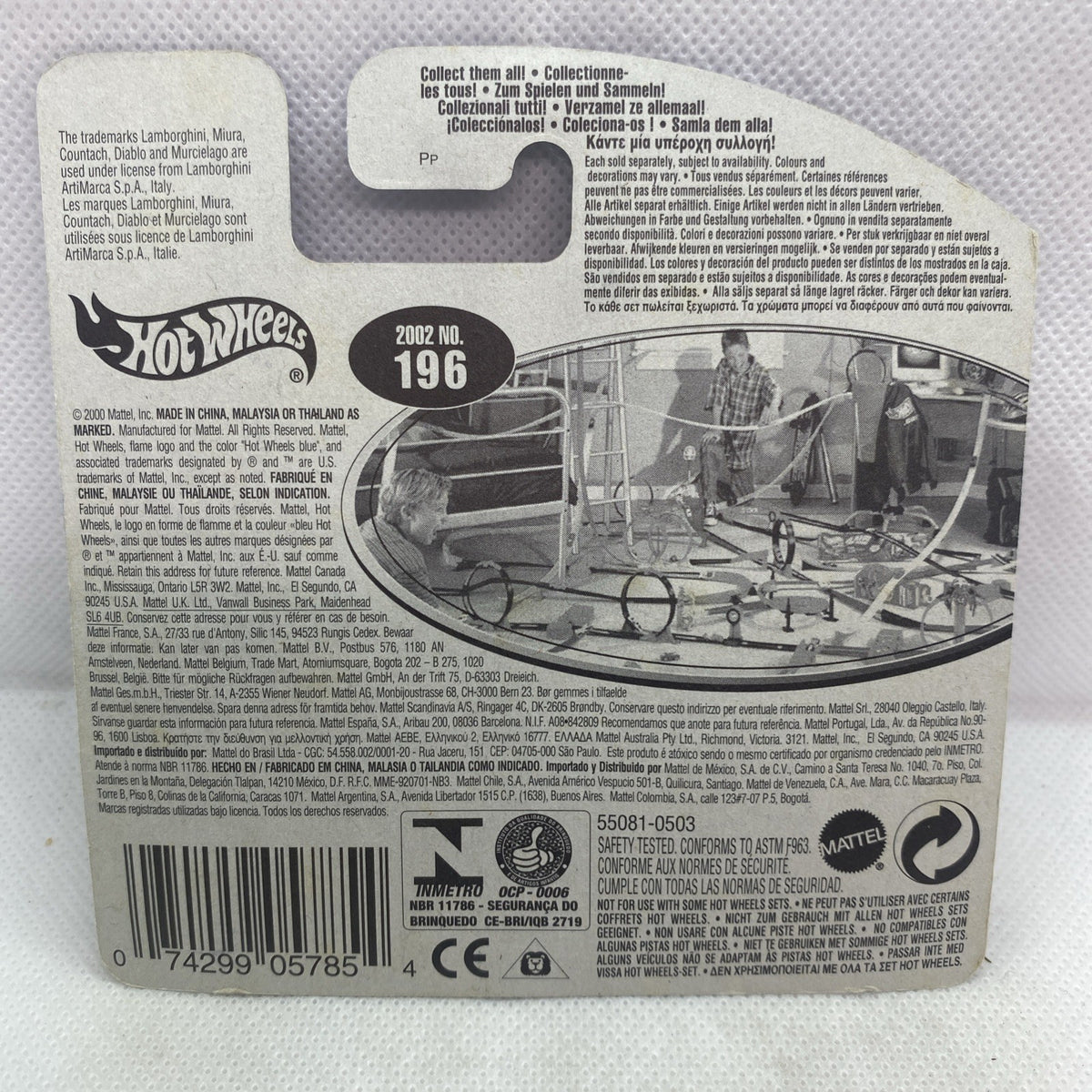 Hot Wheels Lamborghini Countach blister card back with vehicle details, barcode and specs