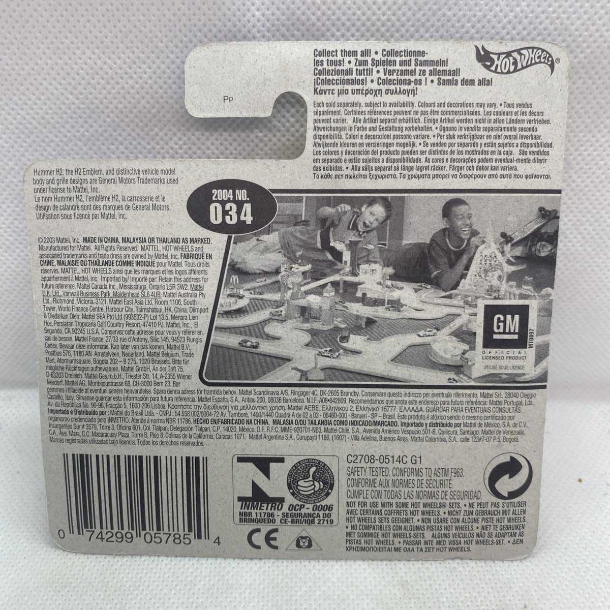 Hot Wheels Hummer H2 2004 die-cast truck card back with product text and 034