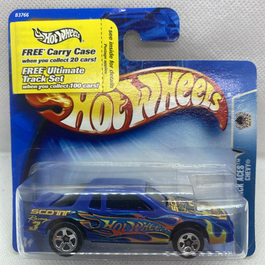Hot Wheels die-cast car in clear blister, blue body with flame graphics