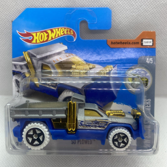 Hot Wheels die-cast snow plow truck in blue with gold details, in blister card packaging
