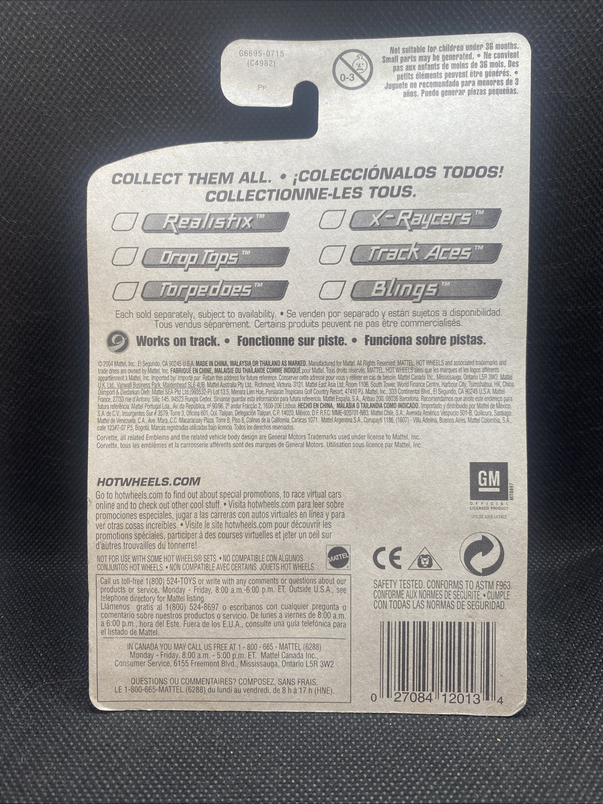 Hot Wheels car blister card back with product details and barcode