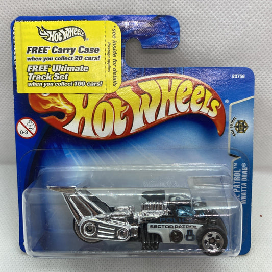 Hot Wheels die-cast toy car in clear blister on card, black with chrome details