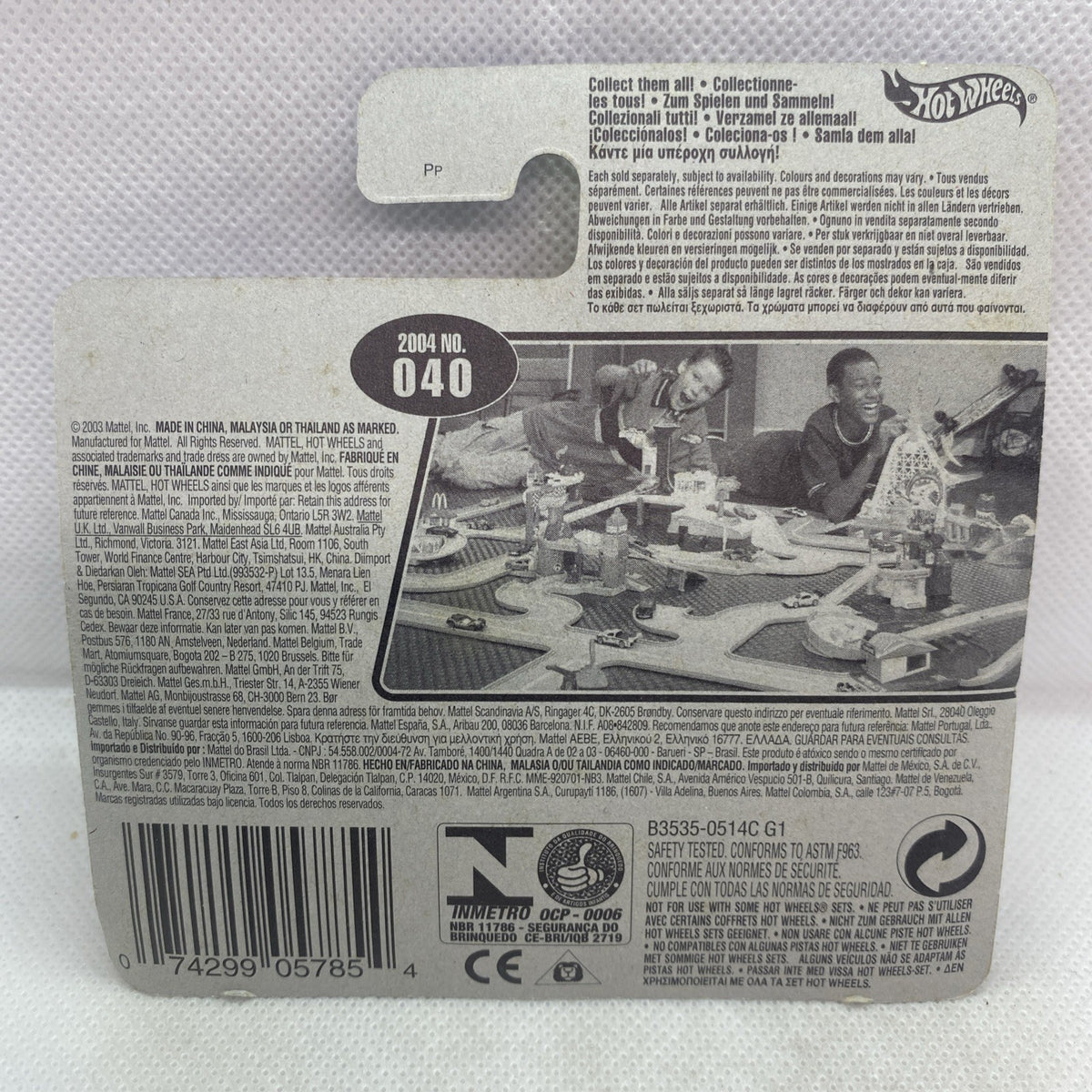 Hot Wheels car blister card back showing 2004 #040 marking and barcode