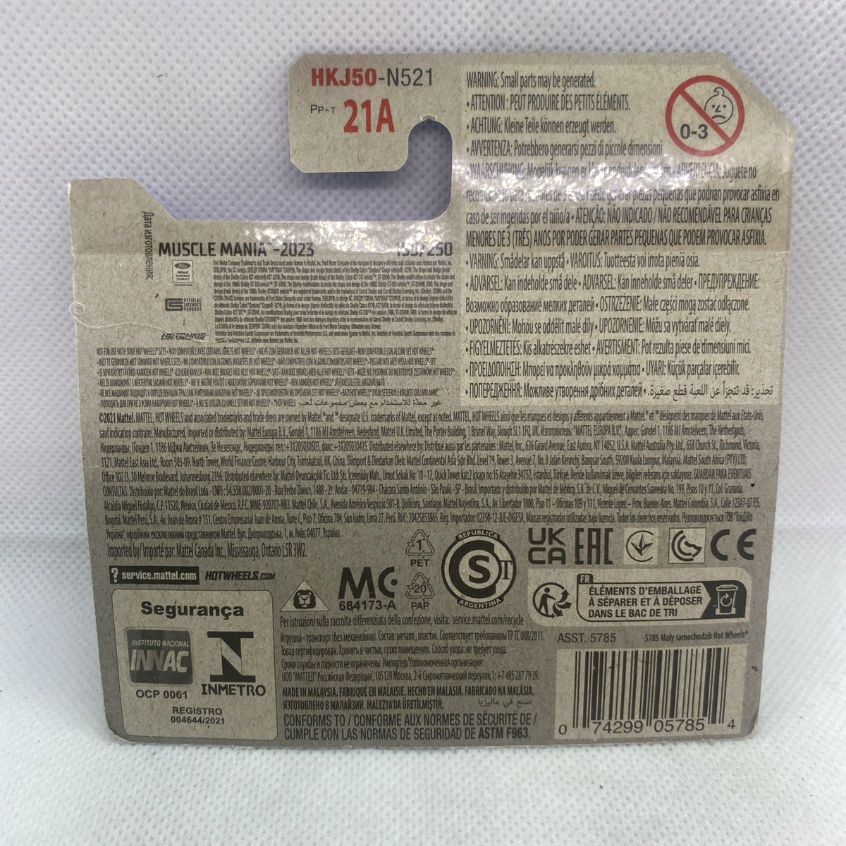 Hot Wheels Muscle Mania 2023 back card with barcode and safety icons