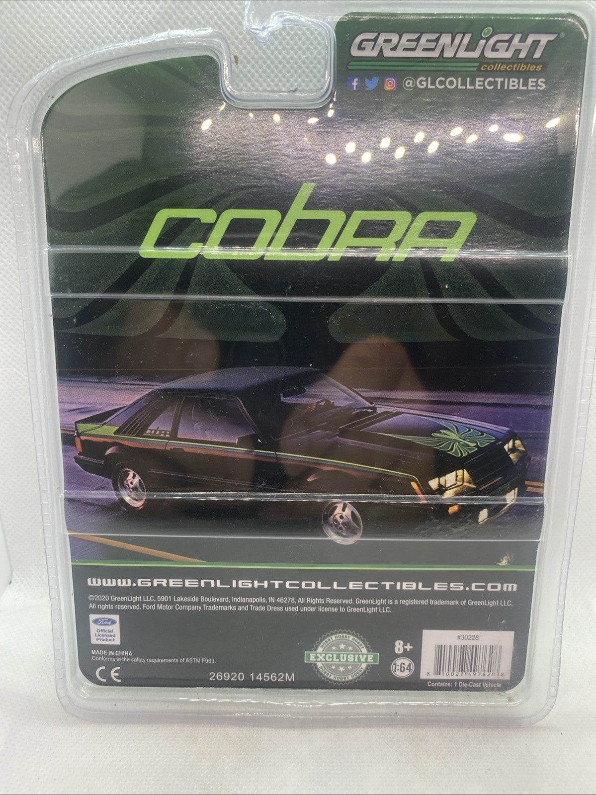 Die-cast Mustang Cobra model car blister card back with printed vehicle photo