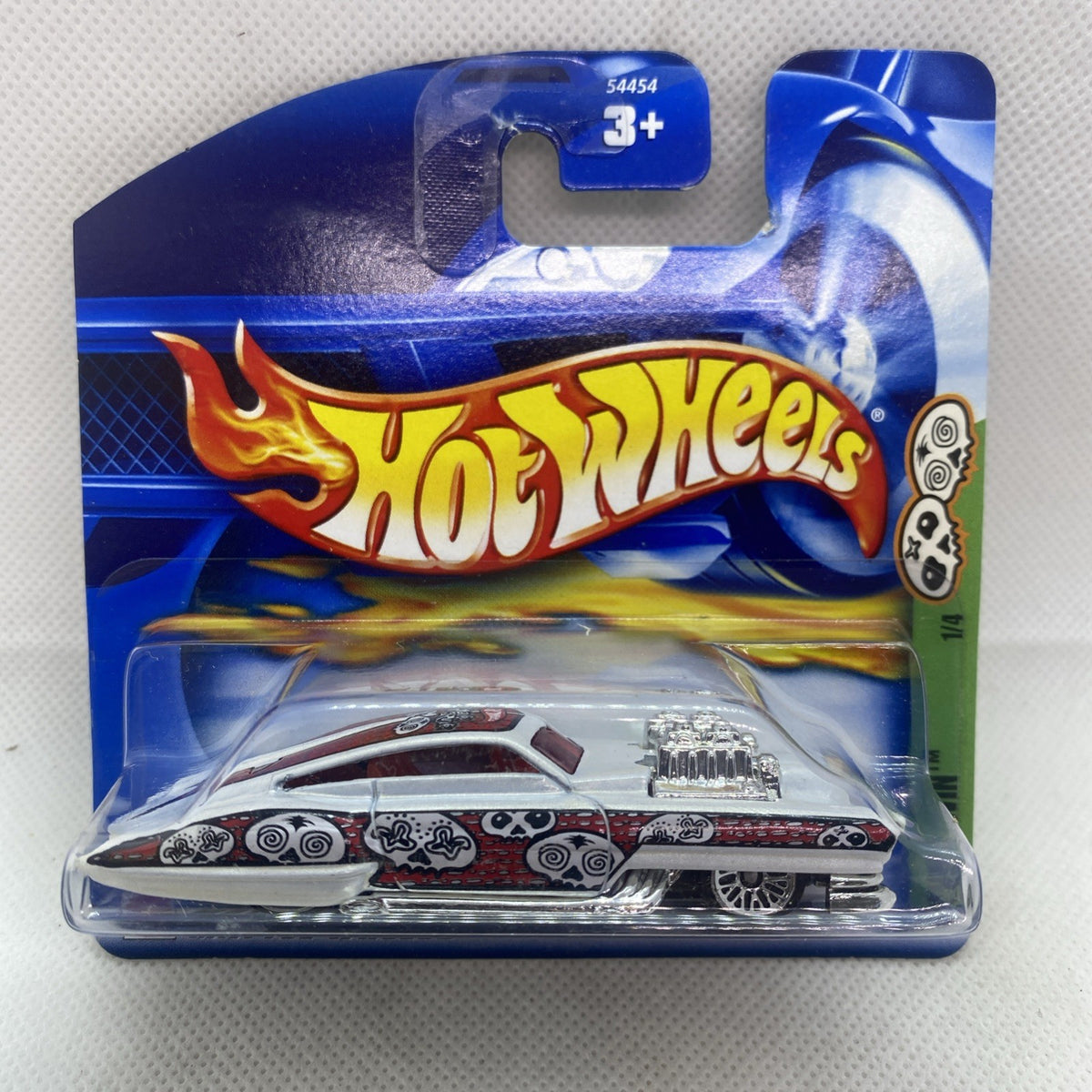 Hot Wheels die-cast car in blue blister card, front view