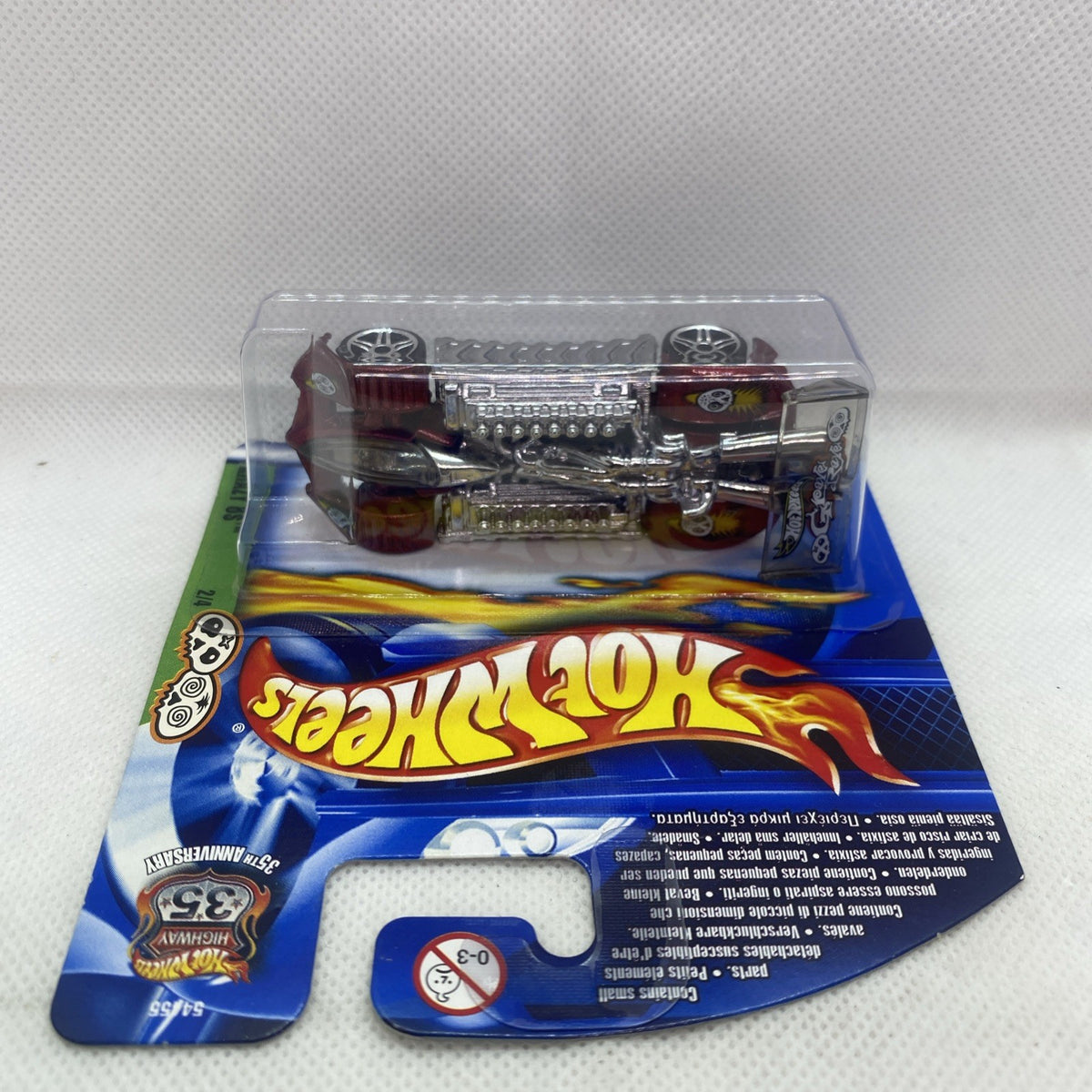 Hot Wheels die-cast car shown in blister pack from top angle