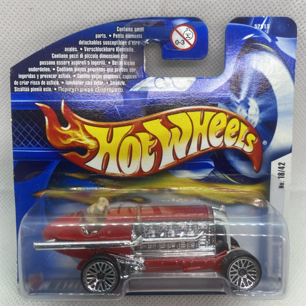 Hot Wheels die-cast torpedo car in clear blister, red body with chrome engine details