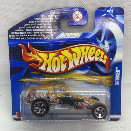 Hot Wheels Enforcer die-cast car in blister pack, flame decal, gray and black