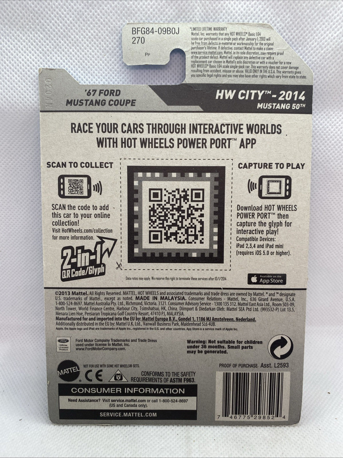 Hot Wheels 2014 Mustang Coupe packaging back with barcode, icons, and text