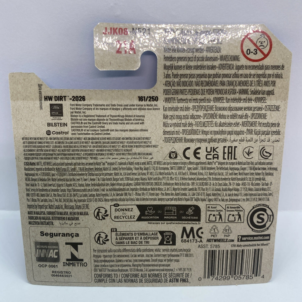 Hot Wheels 1:64 die-cast car back card with barcode and product specs, sealed blister