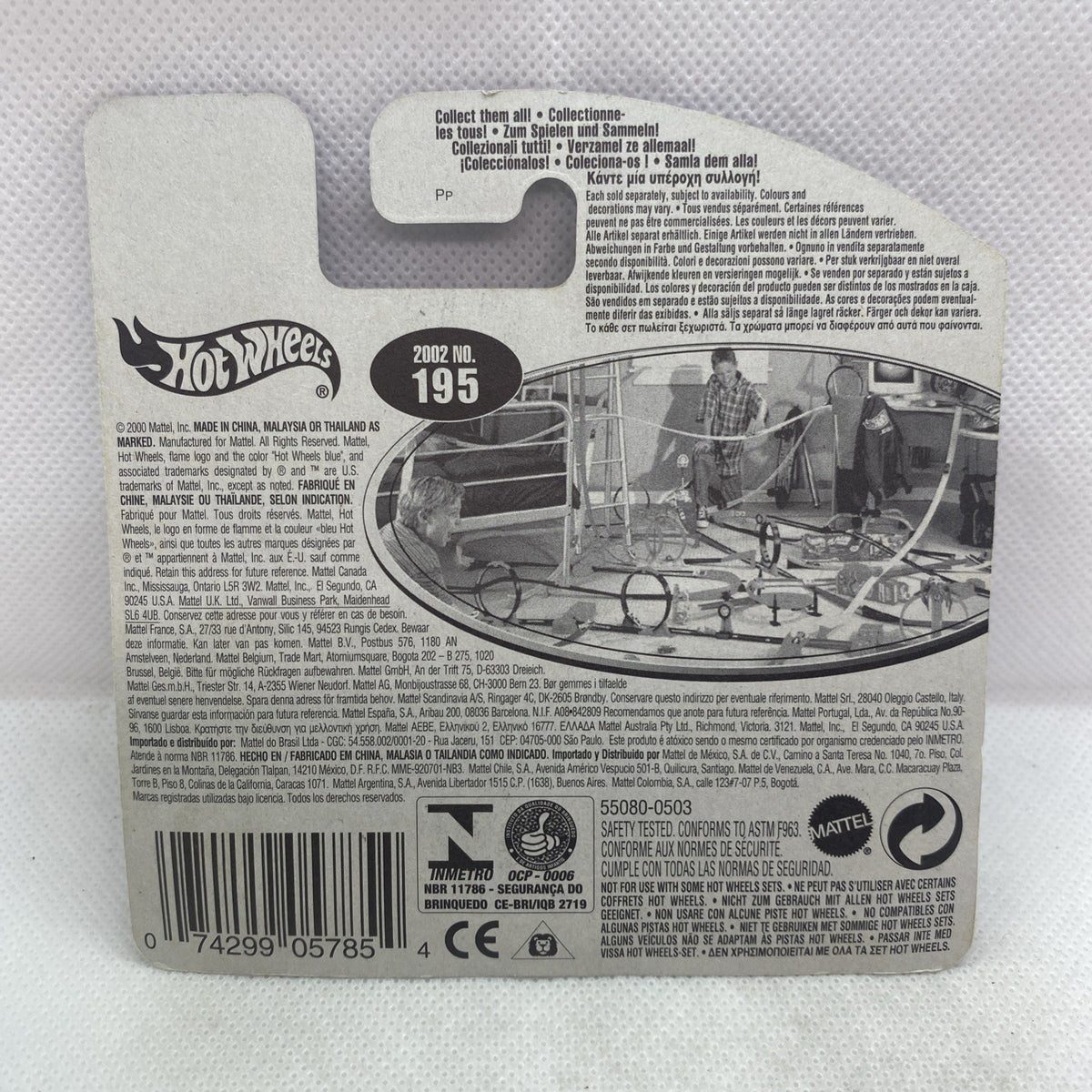 Hot Wheels car packaging back card with 2002 No. 195 info and barcode
