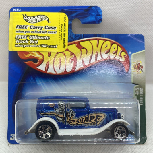 Blue 1932 Ford Hot Wheels die-cast in clear blister, whitewall tires and side graphic