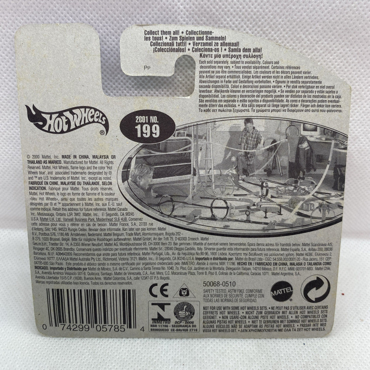 Hot Wheels 2001 No. 199 back card with product info and barcode in blister.