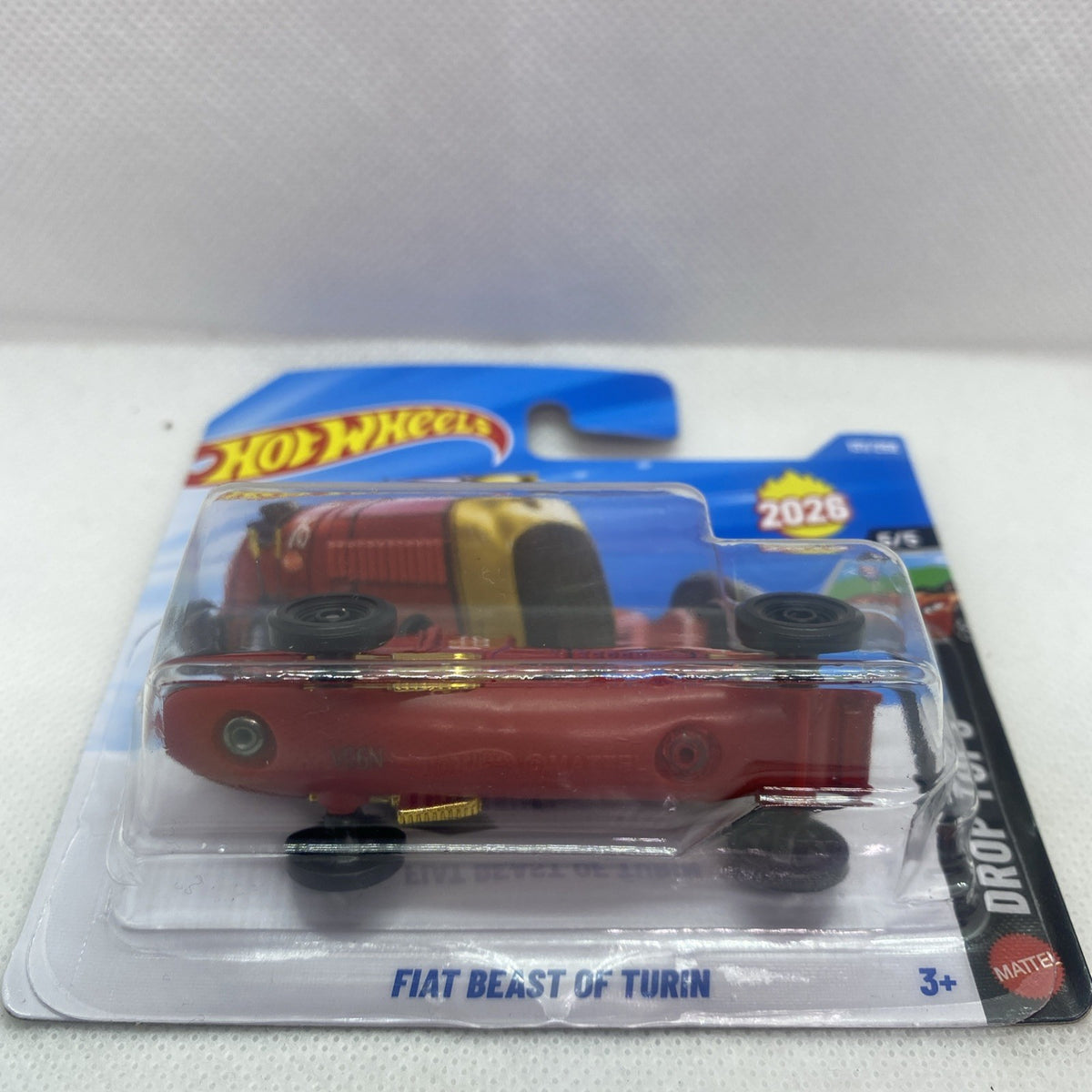 Hot Wheels Fiat Beast of Turin red die-cast car in blister, front view