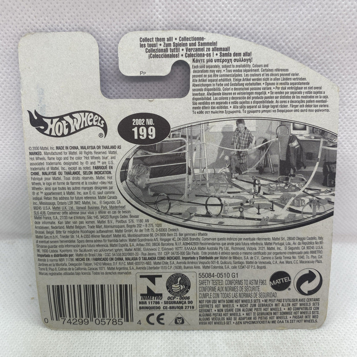 Hot Wheels retail card back with safety labels and barcode, 2002 No. 199