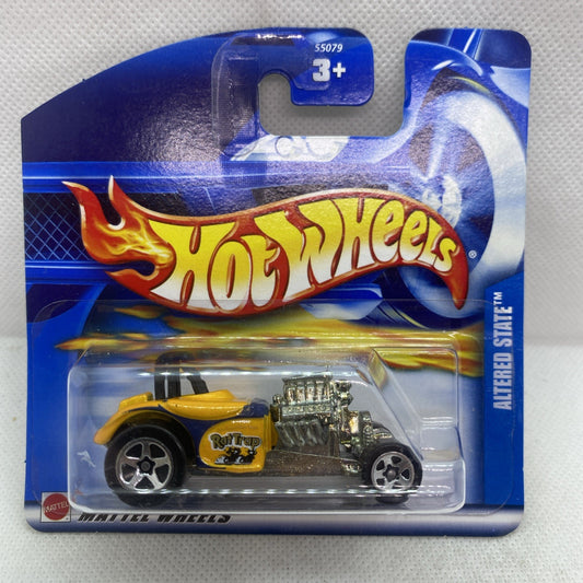 Hot Wheels Altered State Rat Trap die-cast car in blue blister, yellow and gray