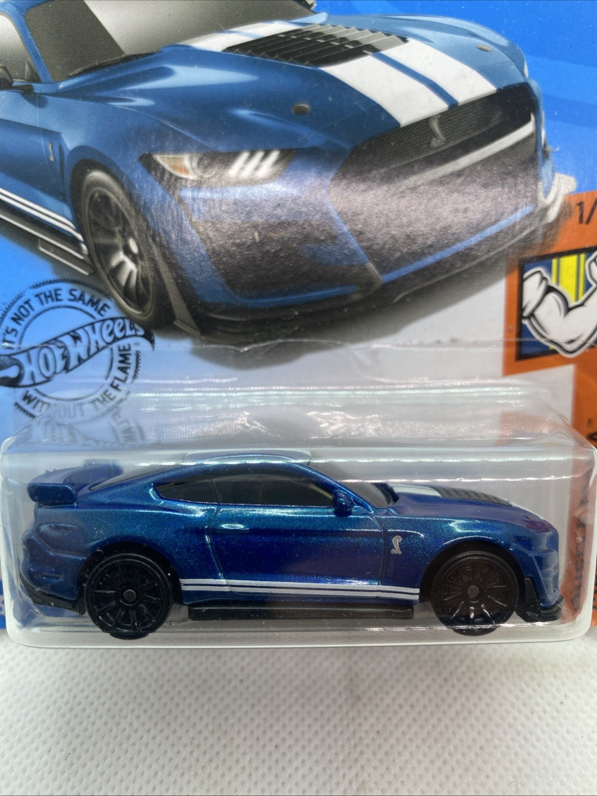 Hot Wheels 2020 Ford Mustang Shelby GT500 blue die-cast car in front blister pack