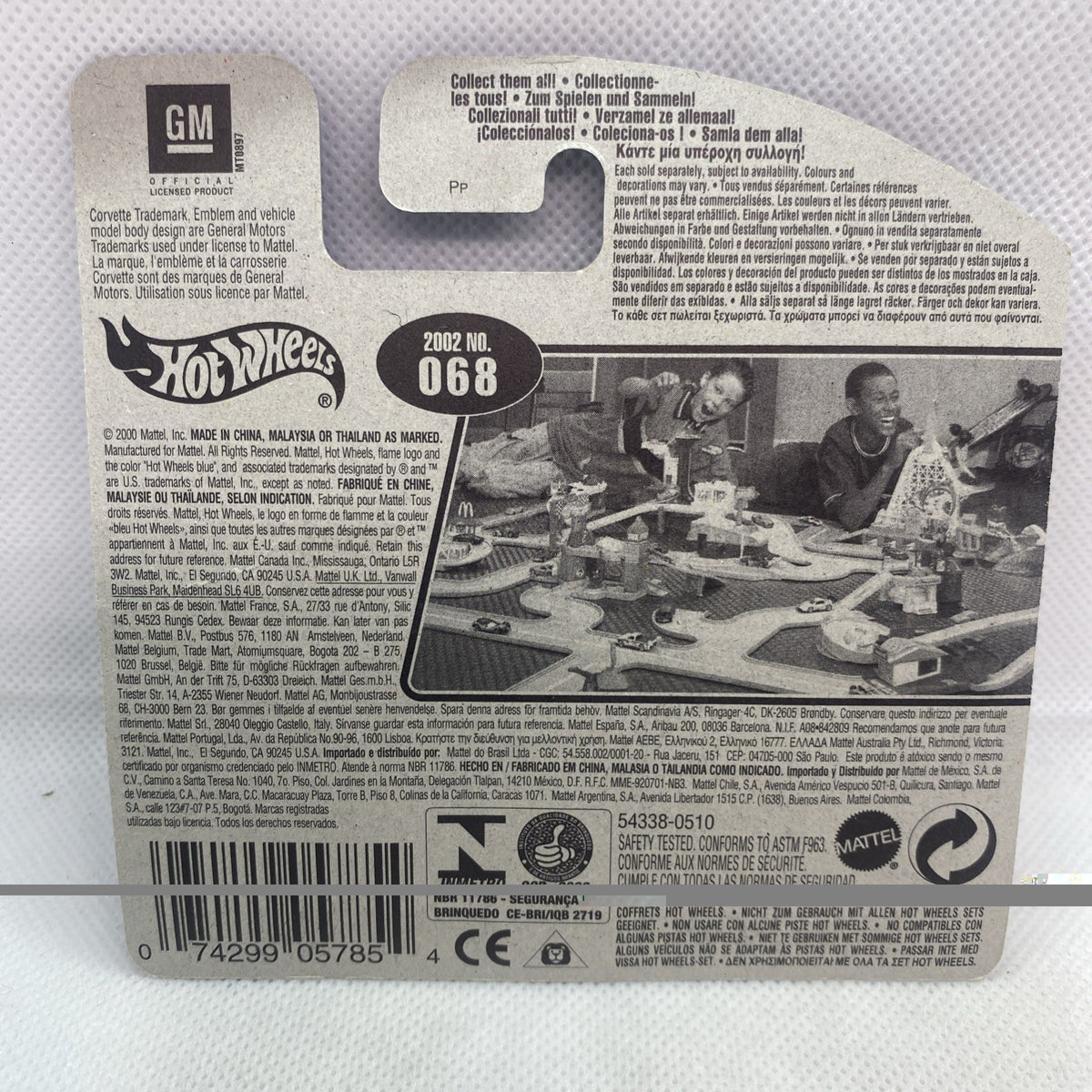 Back of Hot Wheels card with 2002 No. 068 Corvette Series info, barcode visible