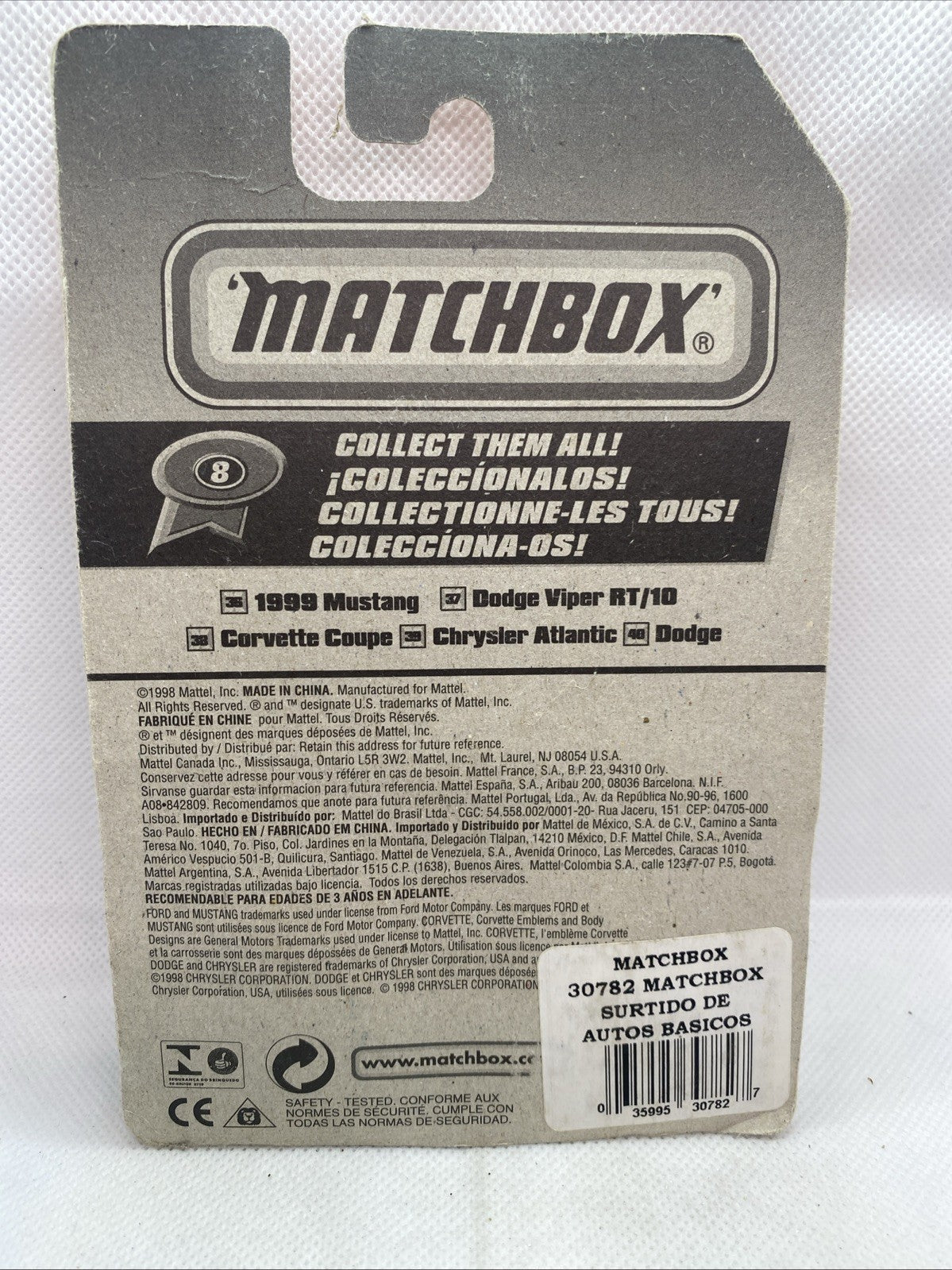 Matchbox blister pack back with product details and 1999 Mustang list