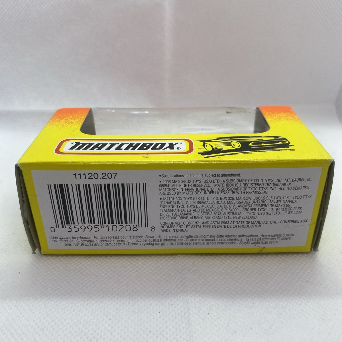 Matchbox die-cast '68 Mustang Cobra Jet box back with barcode and label