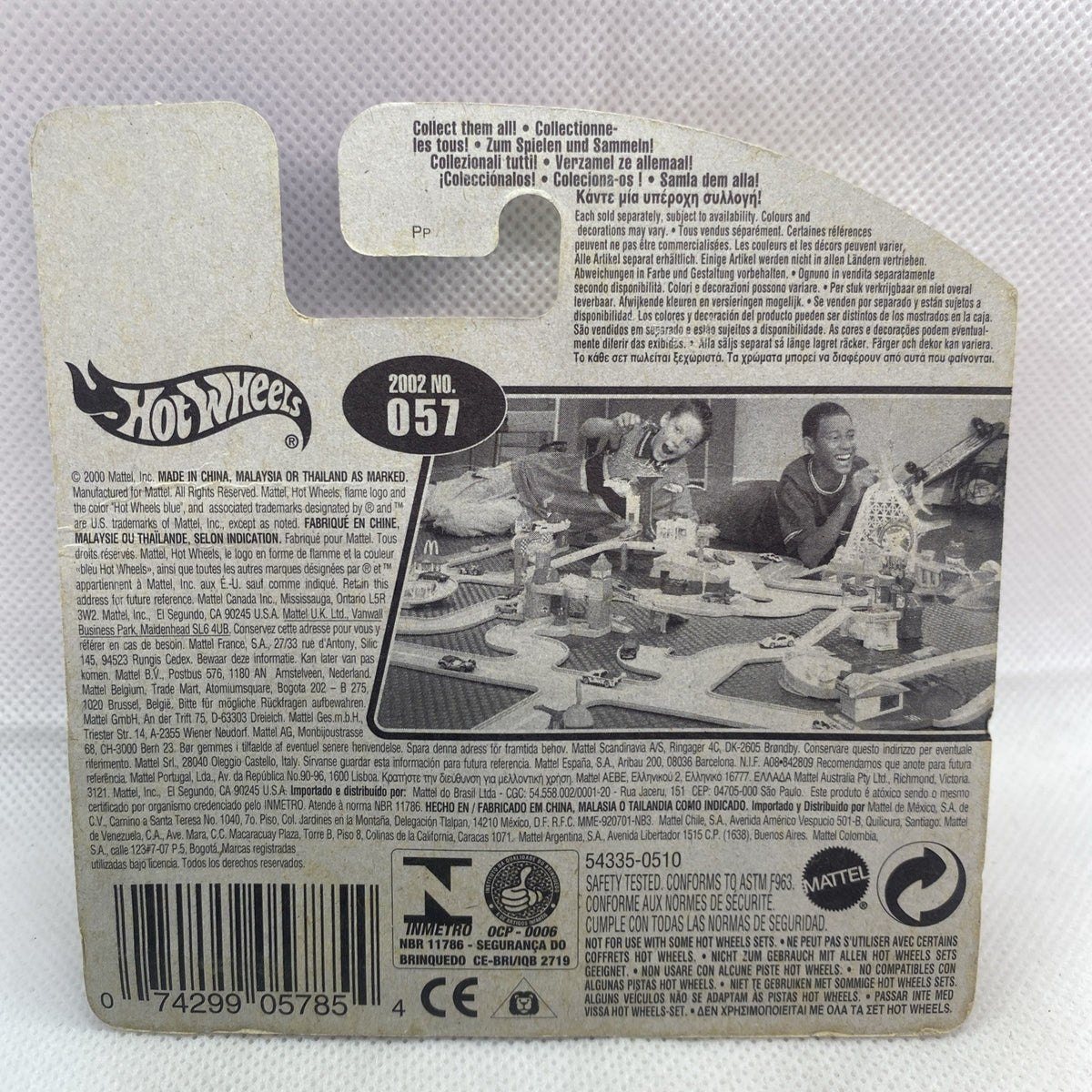 Hot Wheels blister card back with 2002 No. 057 details and text
