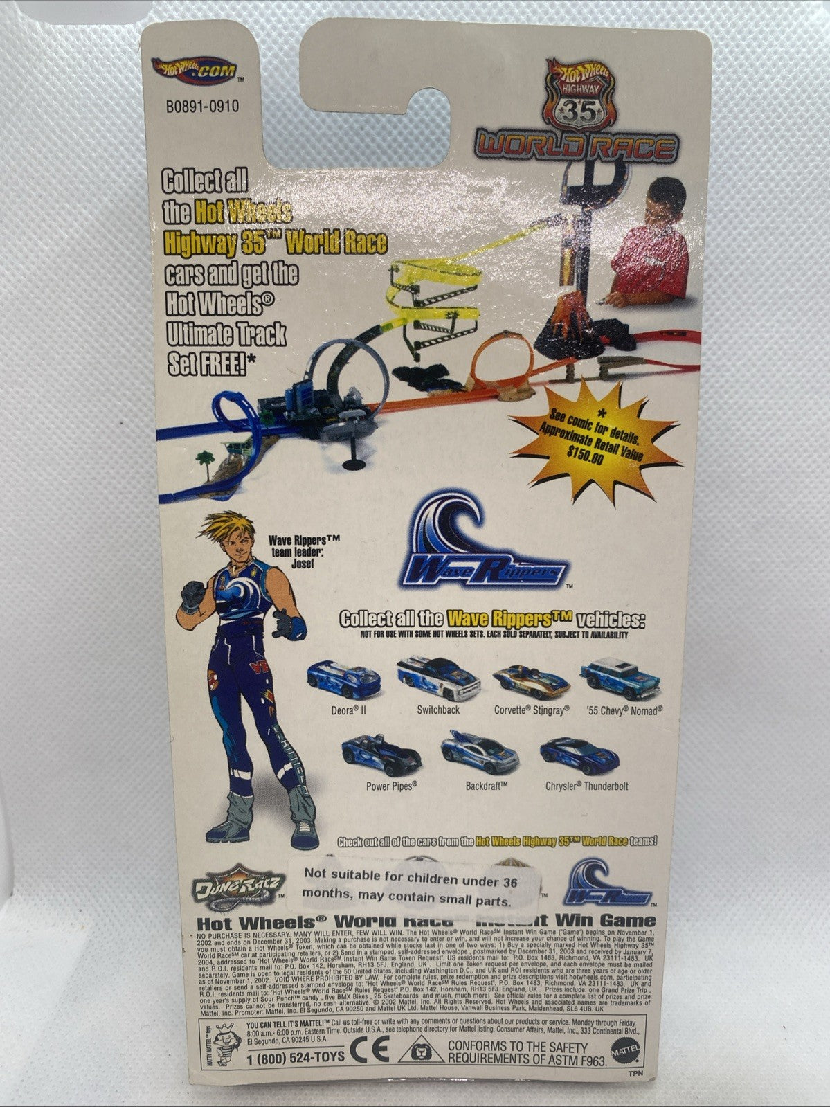 Hot Wheels World Race package back with card graphics and vehicle details
