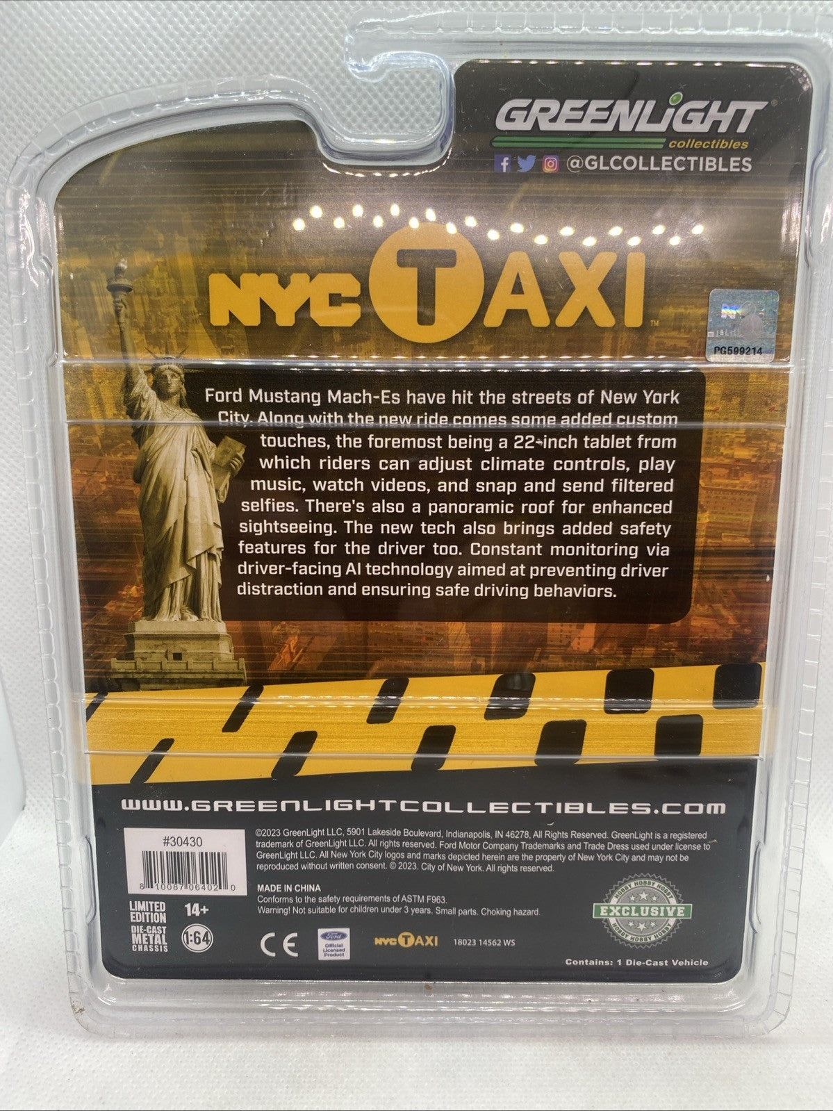 NYC Taxi toy car packaging back with vehicle specs printed.