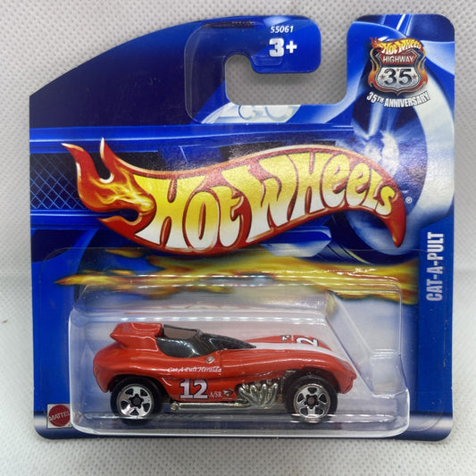 Hot Wheels die-cast red car in clear blister on blue short card packaging