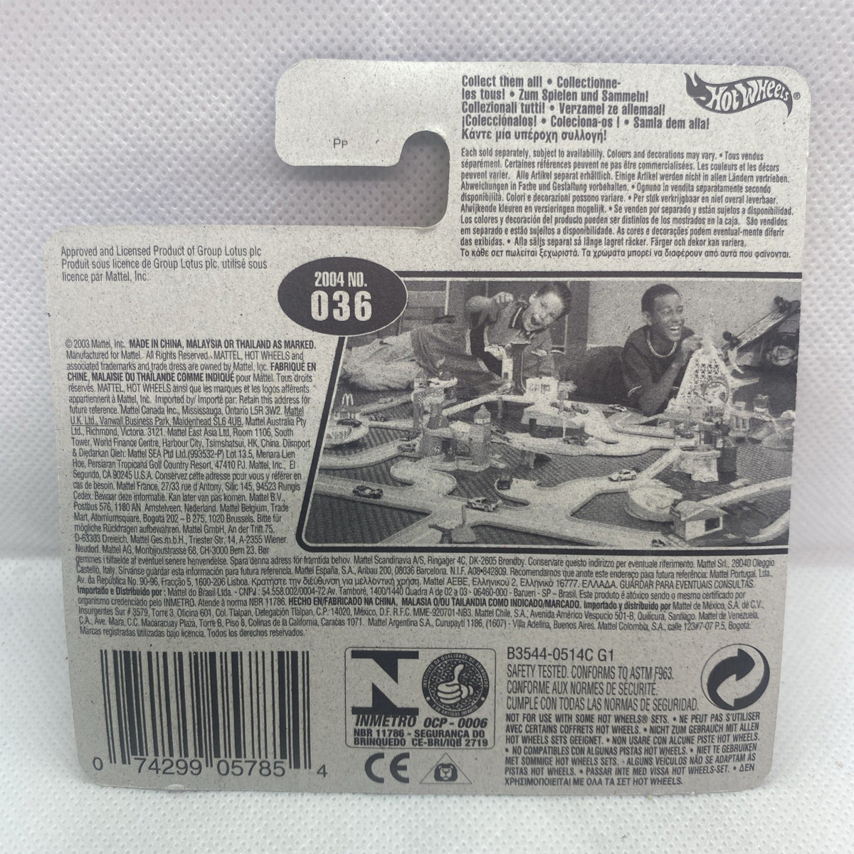 Hot Wheels card back with 2004 #036 label, barcode, and printed instructions