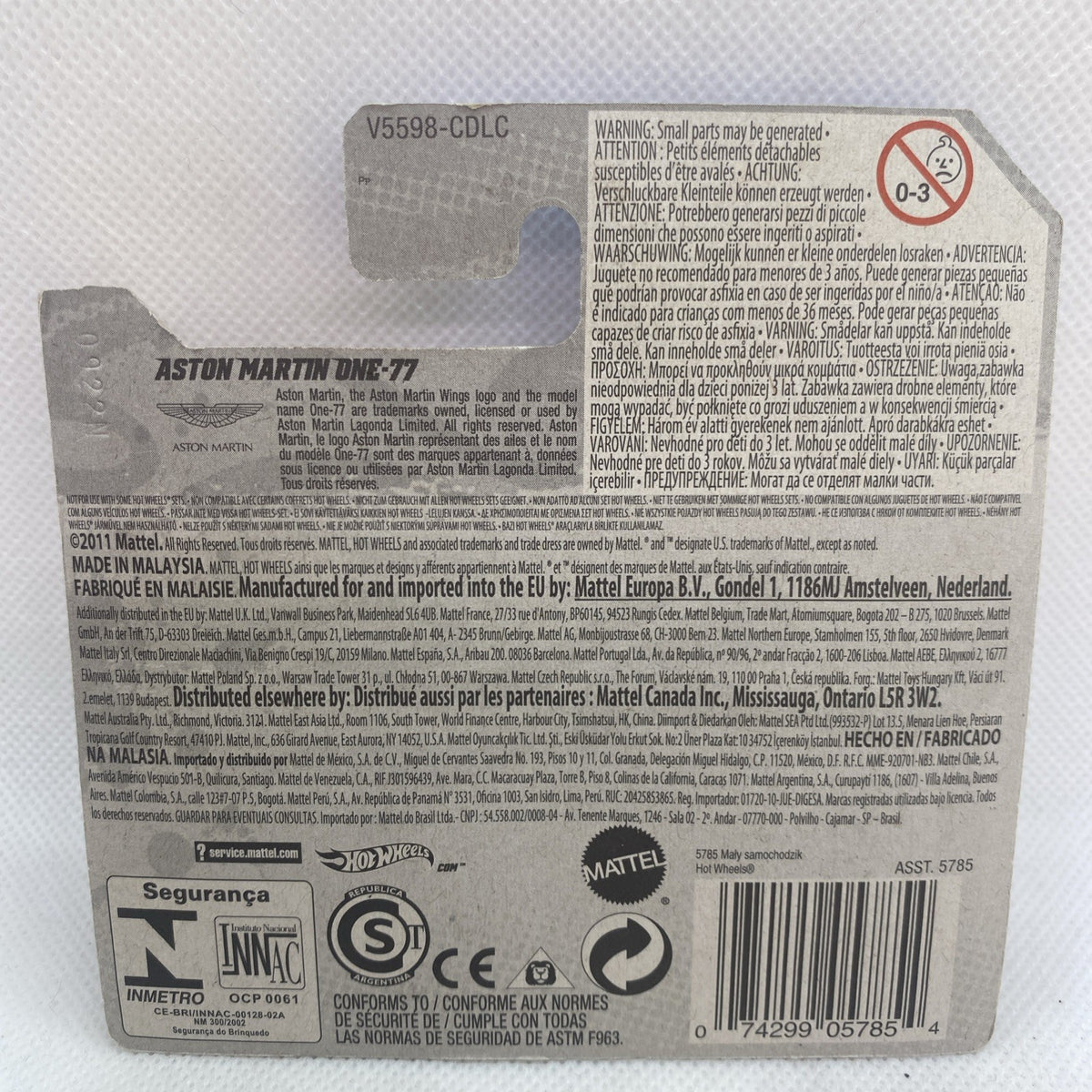 Back of Hot Wheels package with Aston Martin One-77 details and barcode label