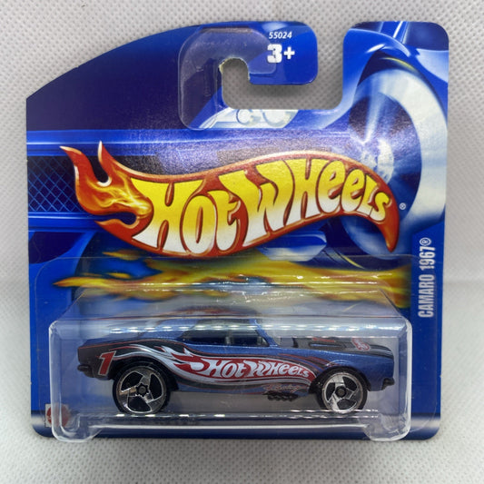 Die-cast Camaro 1967 toy car in blue Hot Wheels blister card, #139