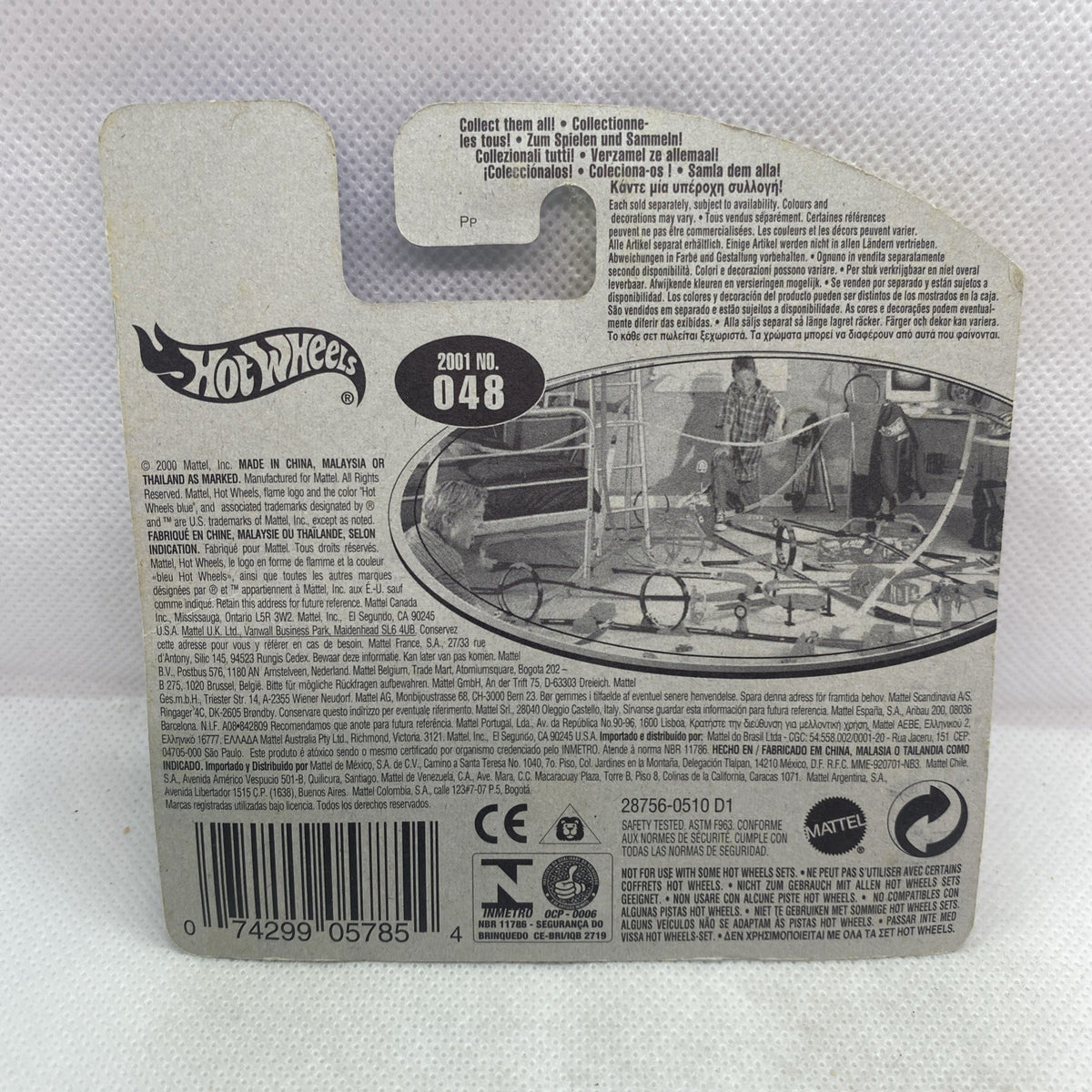 Hot Wheels collectible card back with printed details, 2001 No. 048, and barcode