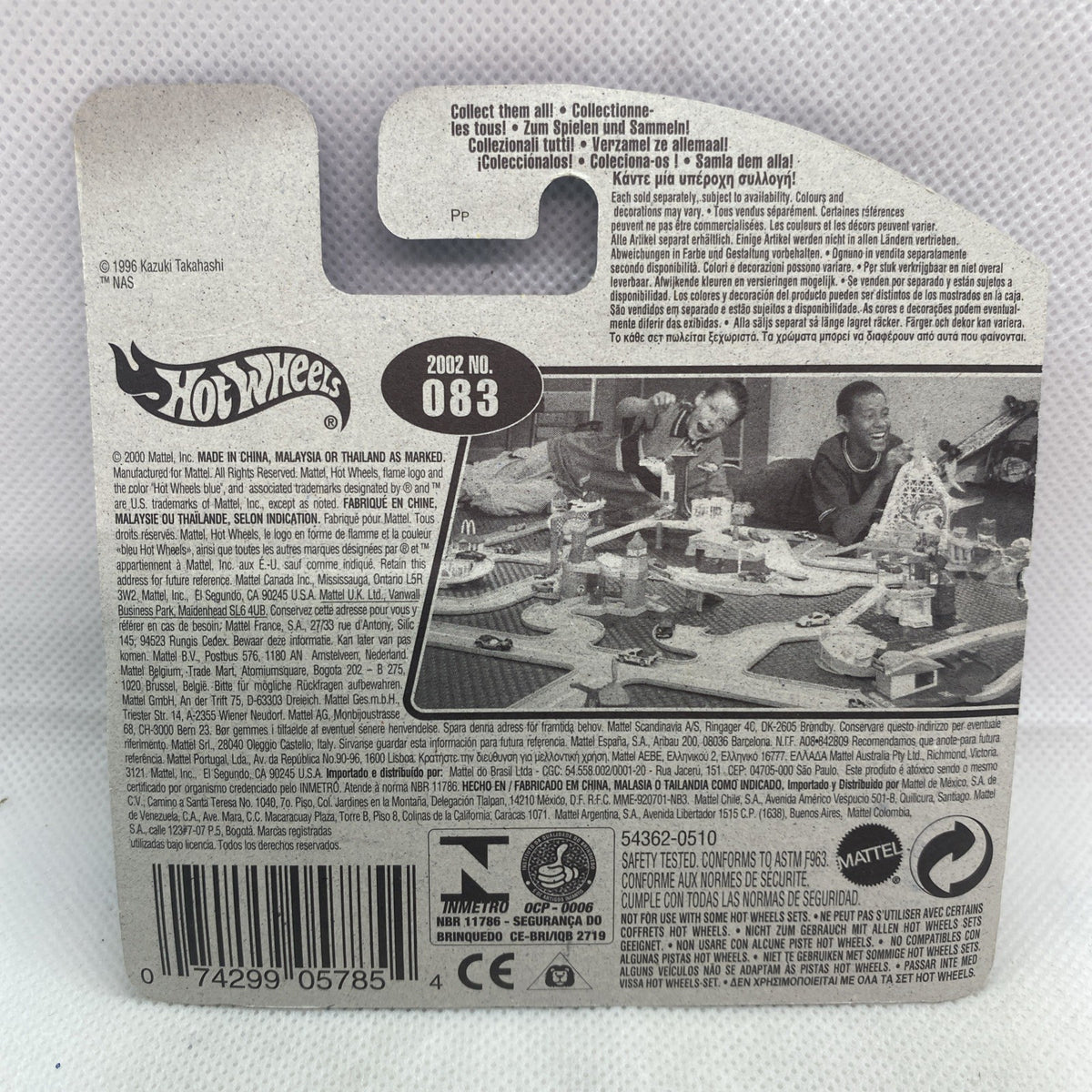 Back view of Hot Wheels blister card with product info and barcode.