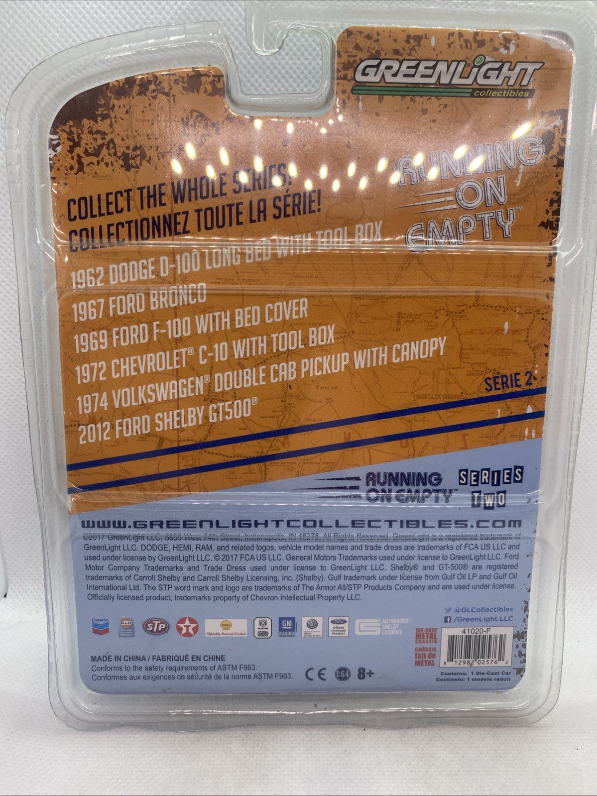 GreenLight die-cast car blister pack back with product list and Gulf Running On Empty
