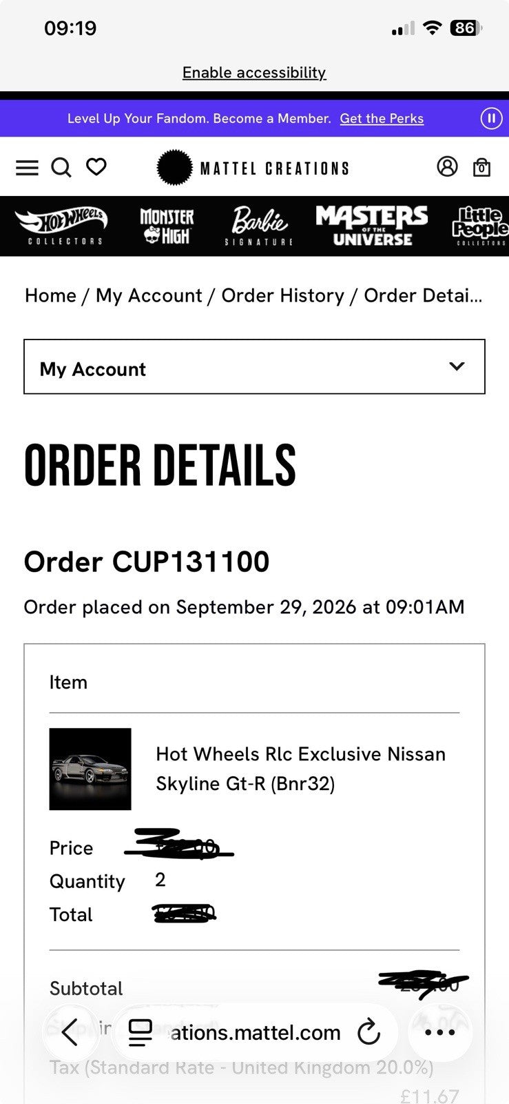 Order details page listing Hot Wheels RLC Nissan Skyline GT-R (BNR32) and quantity