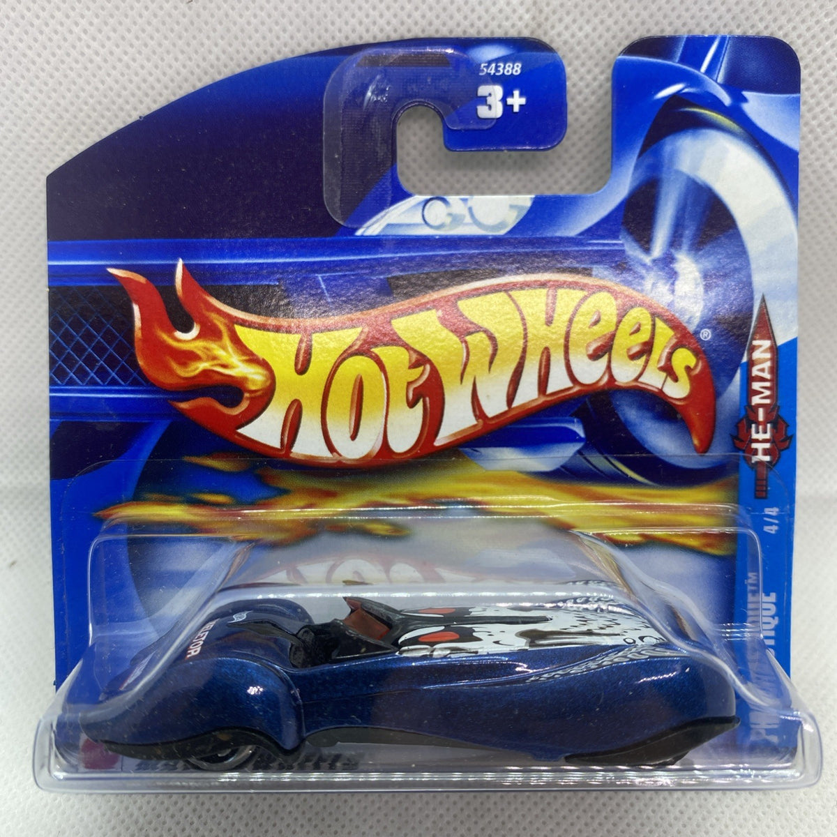 Hot Wheels die-cast car on card, blue flame graphics, silver stripe, 3+ badge