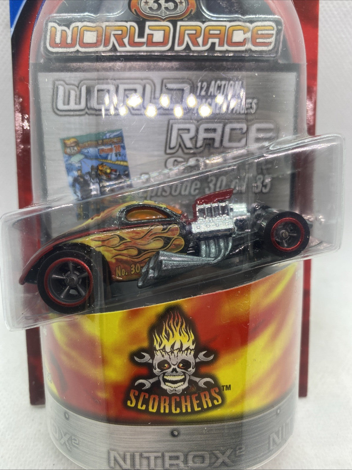 Close-up of Scorchers black race car inside World Race blister pack