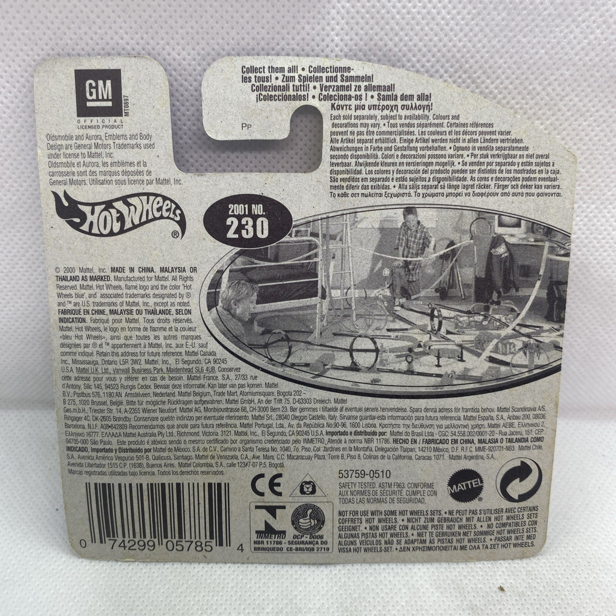 Hot Wheels Oldsmobile Aurora 2001 back of blister card with details and barcode