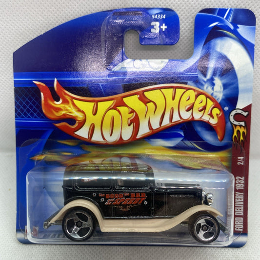 Hot Wheels ’32 Ford delivery toy on blue blister card, black and beige truck