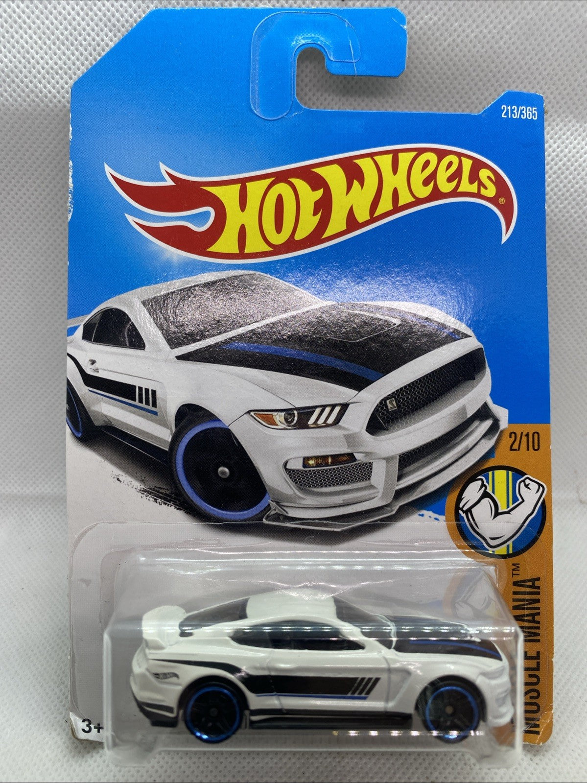 Hot Wheels die-cast GT350R 2017 car in blue blister card, front view