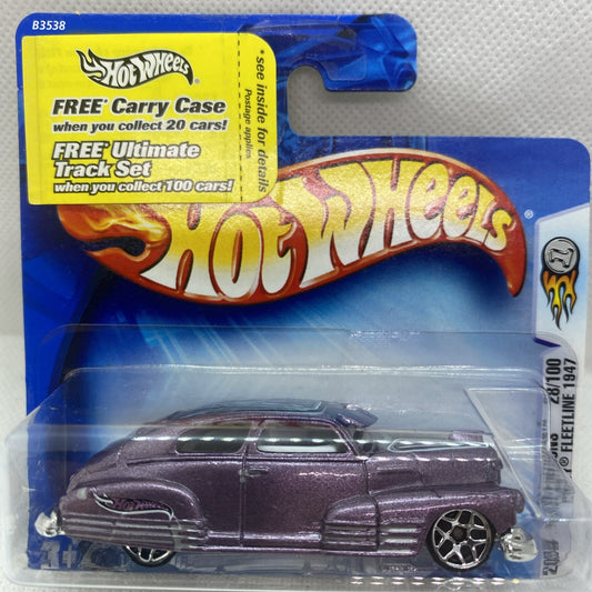 Hot Wheels diecast car blister pack with maroon 1947 Chevy Fleetline on short card
