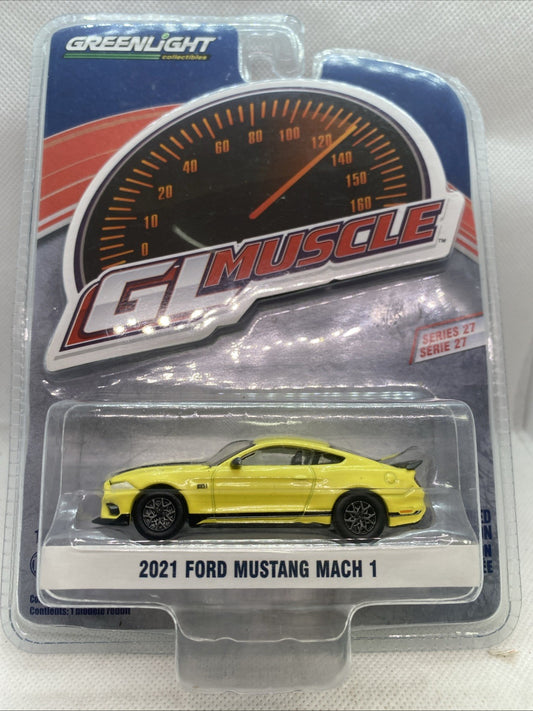 Yellow 1:64 2021 Ford Mustang Mach 1 die-cast car in sealed GL Muscle blister