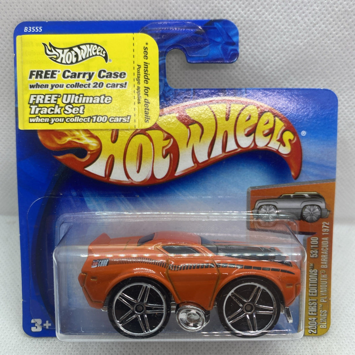 Hot Wheels die-cast orange Plymouth Barracuda in clear blister on blue card