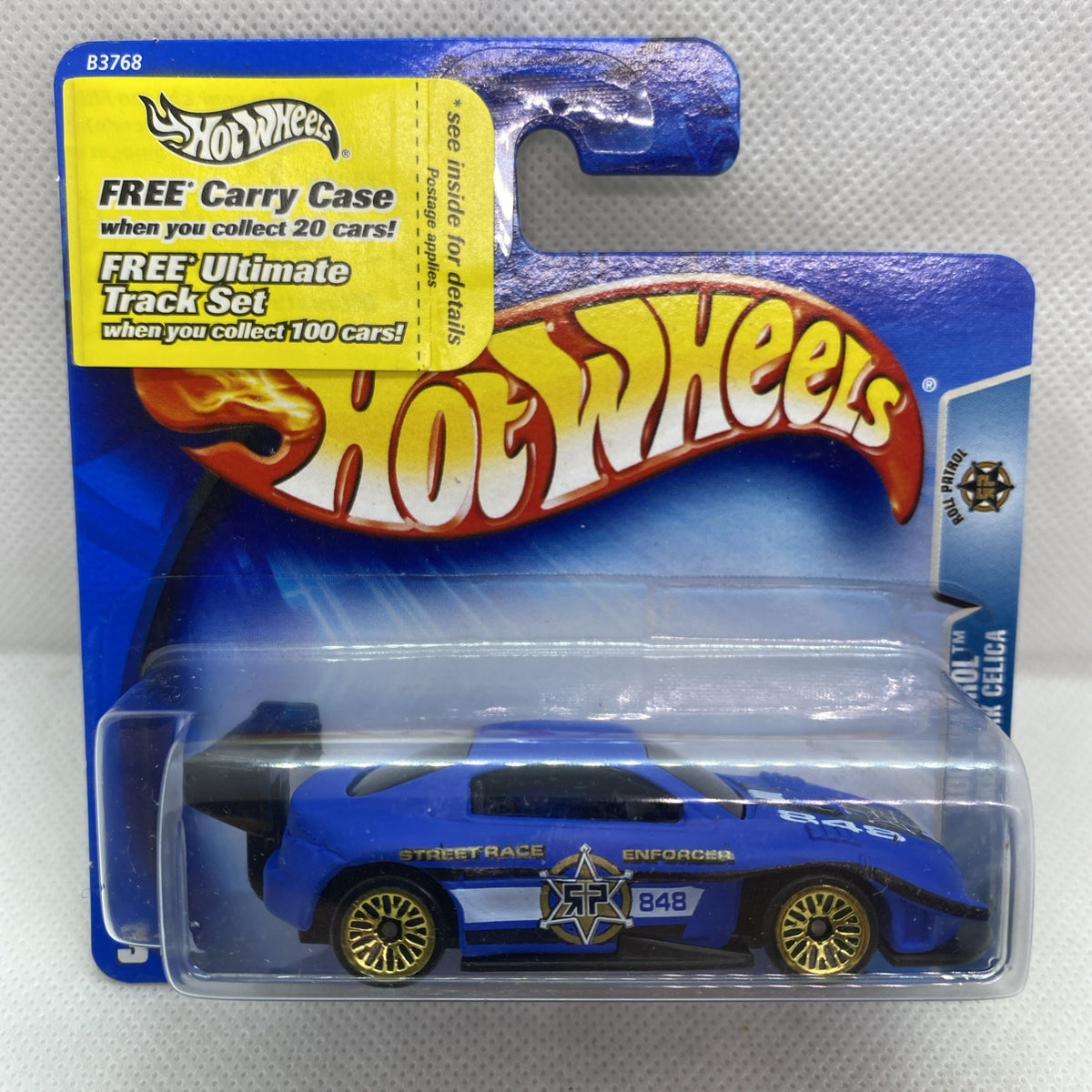 Hot Wheels blue die-cast car in clear blister on blue card with yellow logo