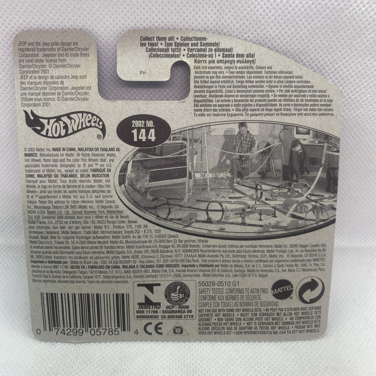 Hot Wheels Jeepster 2002 cardback with barcode, number 144, and product details