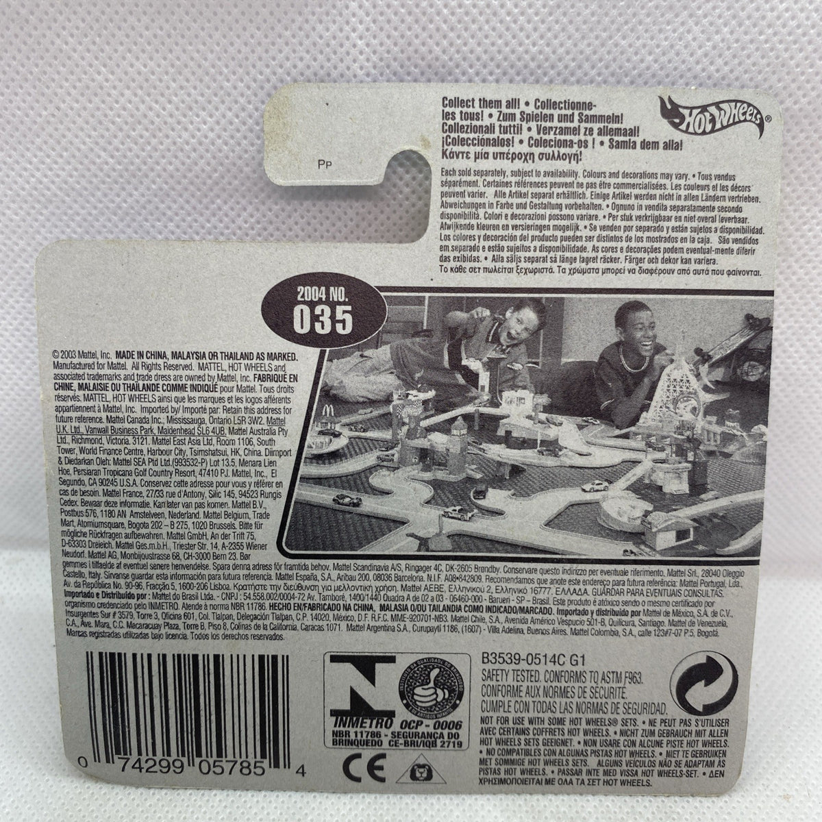 Hot Wheels 2004 No. 035 collectible card back with barcode and safety info